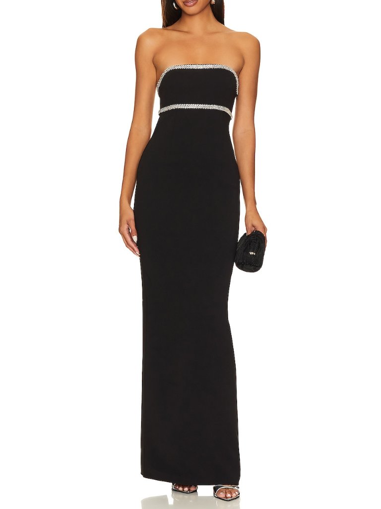 Lovers And Friends X Rachel Cosette Gown In Black Strapless Maxi Crystals